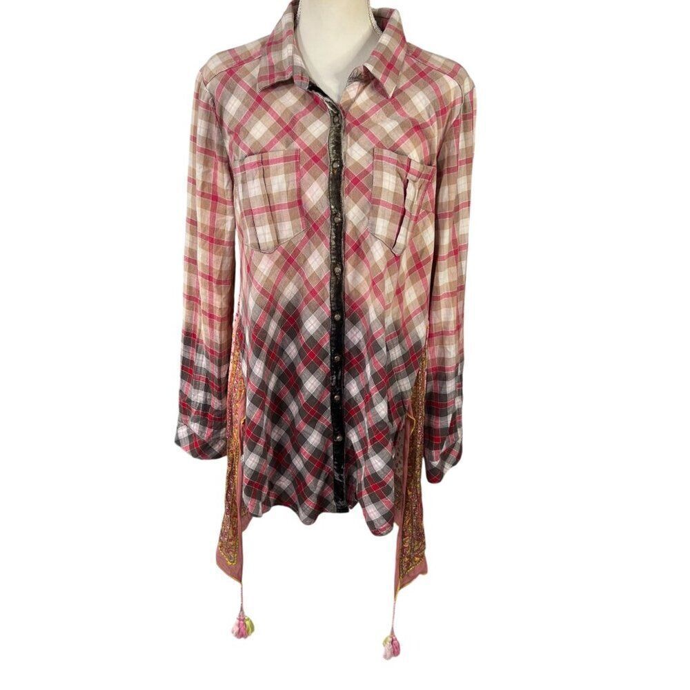 Aratta Silent Journey Mandala Hi Low Plaid Button Front Shirt Size Medium